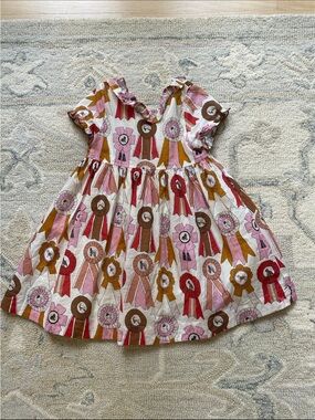 Pink Chicken Little Girl Floral Ribbon Dress in Soft Pink, Red & Brown